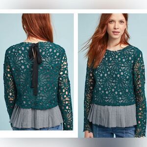 NWT Anthropologie Maeve Green Pleated Lace Gabriella Gingham & Lace Top Medium